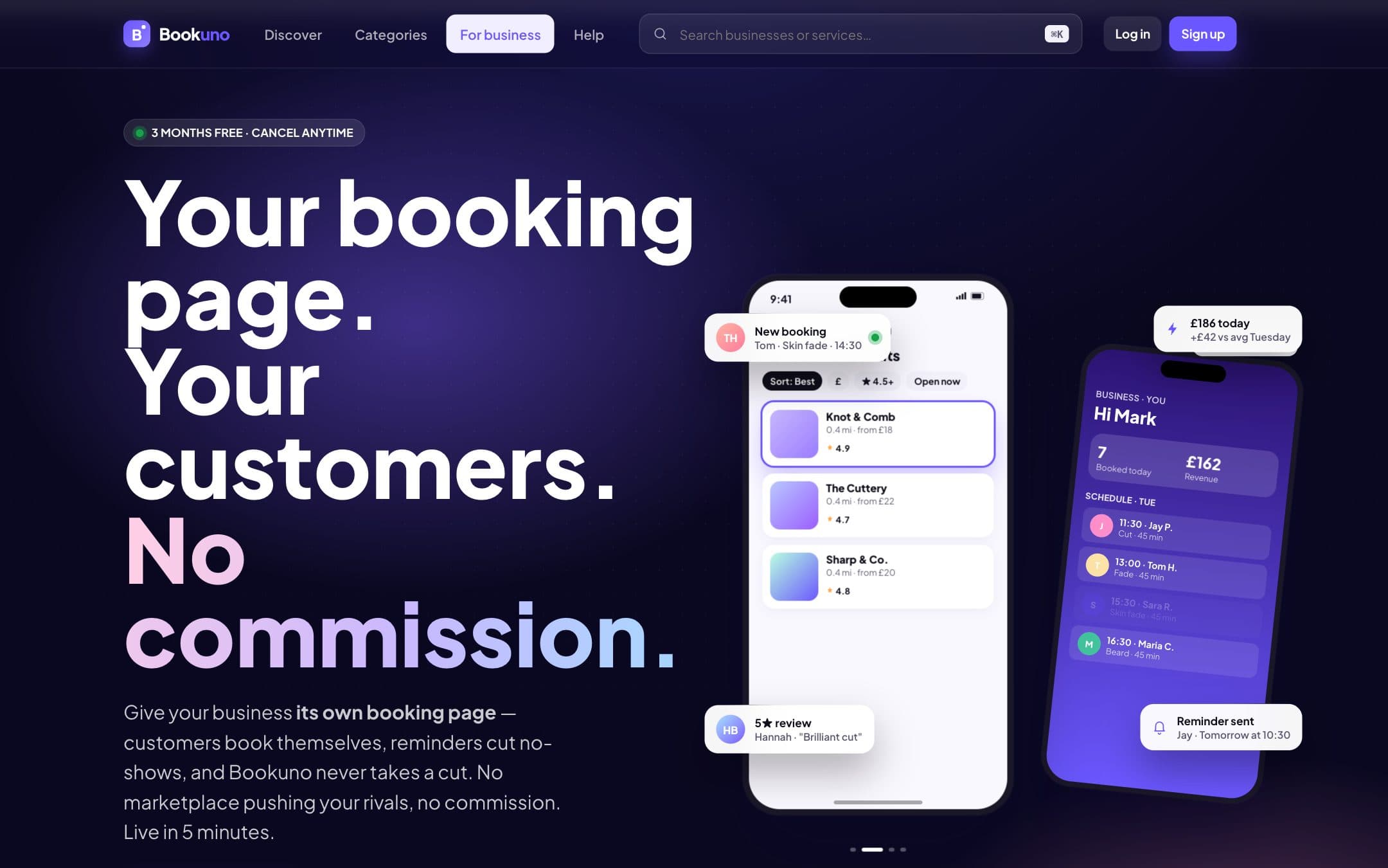 Bookuno for-business page with live booking and schedule mockups