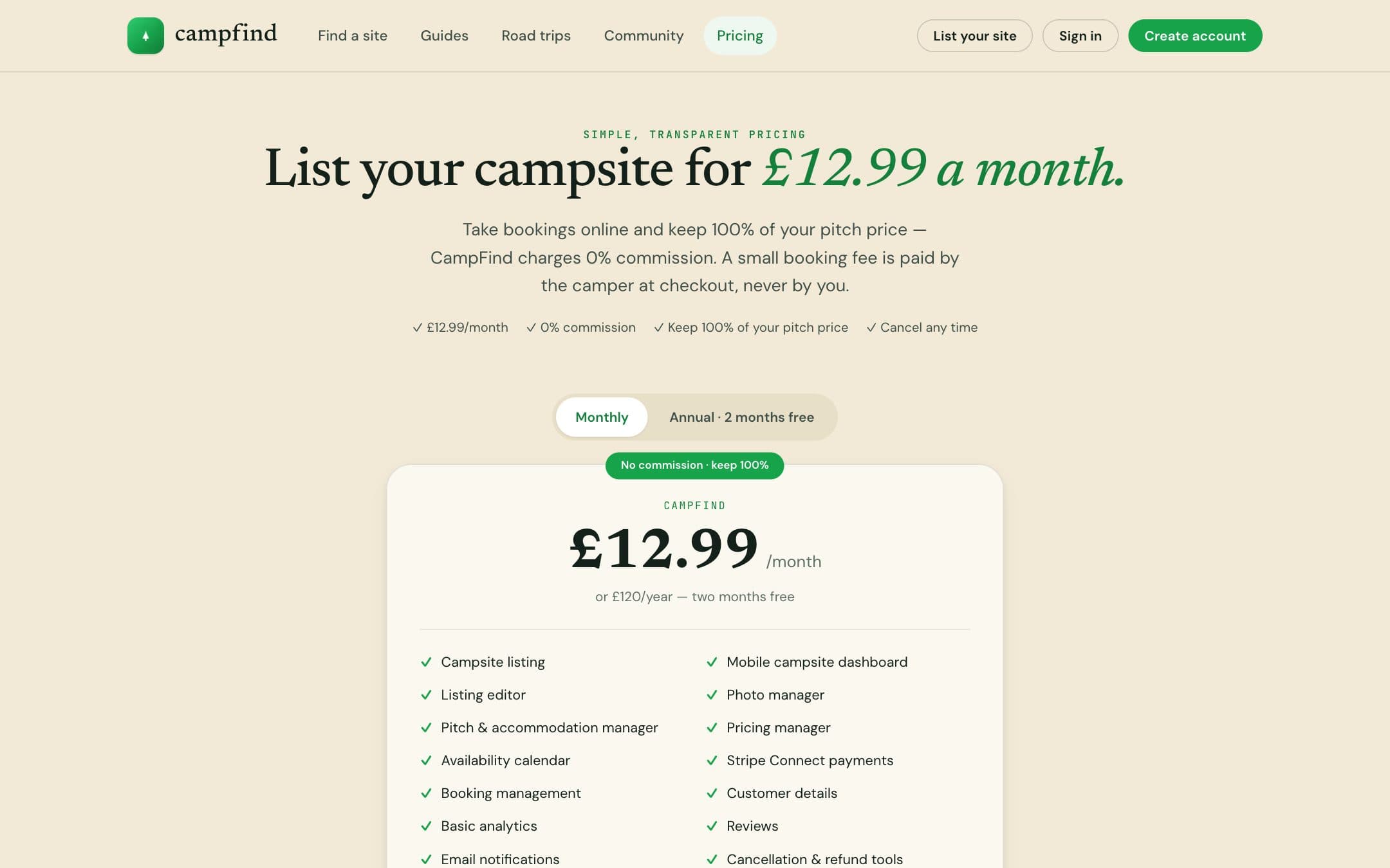 CampFind owner pricing page — £12.99 a month, zero commission
