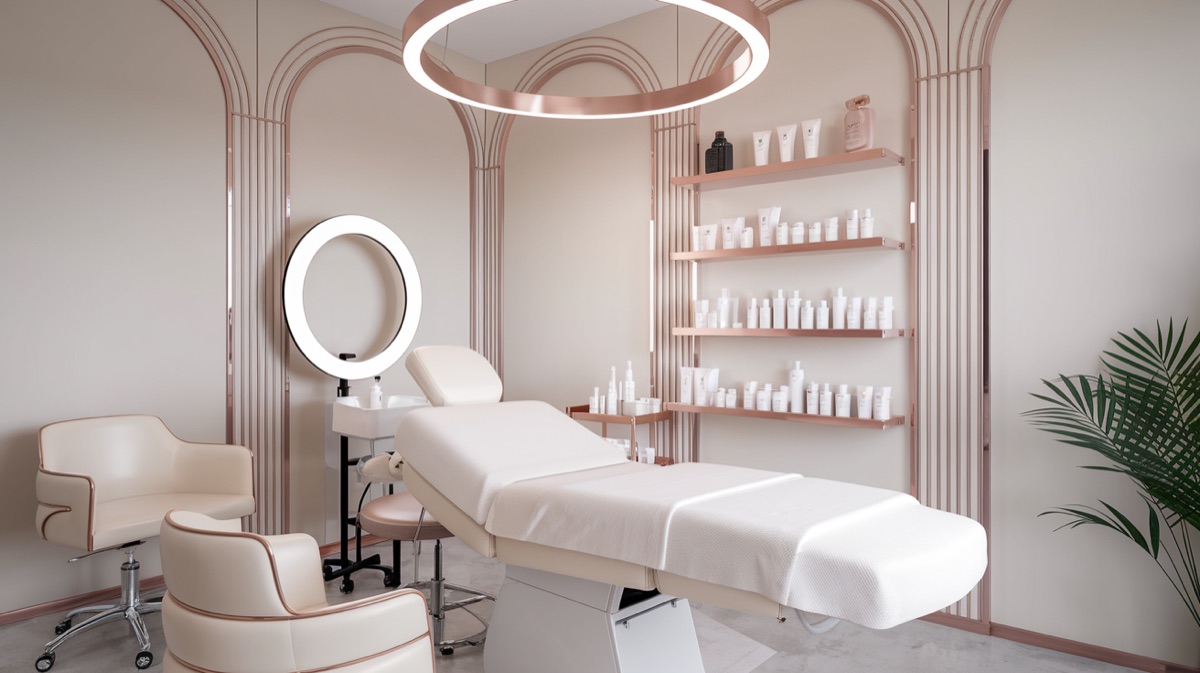 Beauty treatment room with soft lighting and products