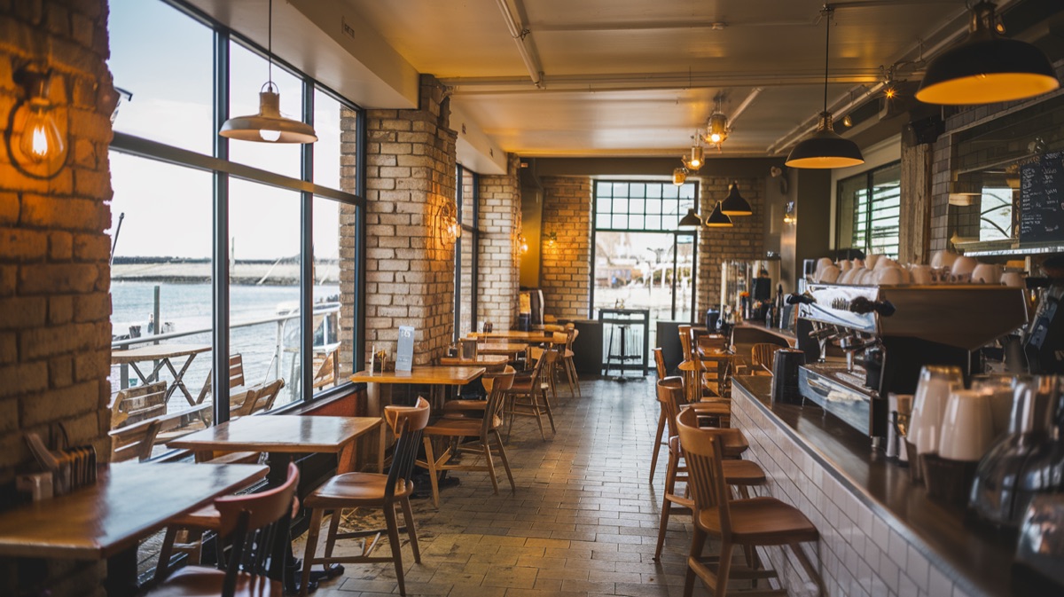 Cafe interior with harbour view