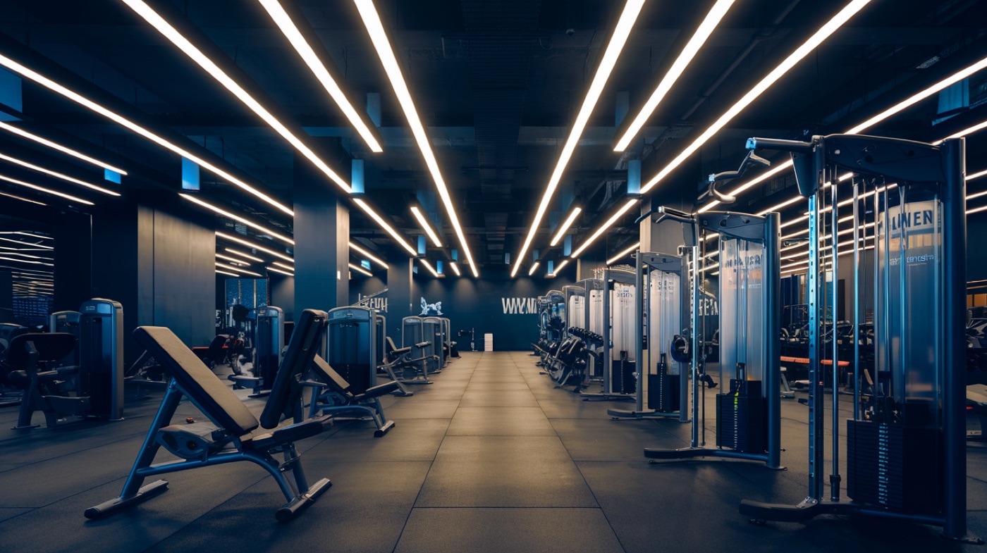 Modern gym floor with equipment and training area